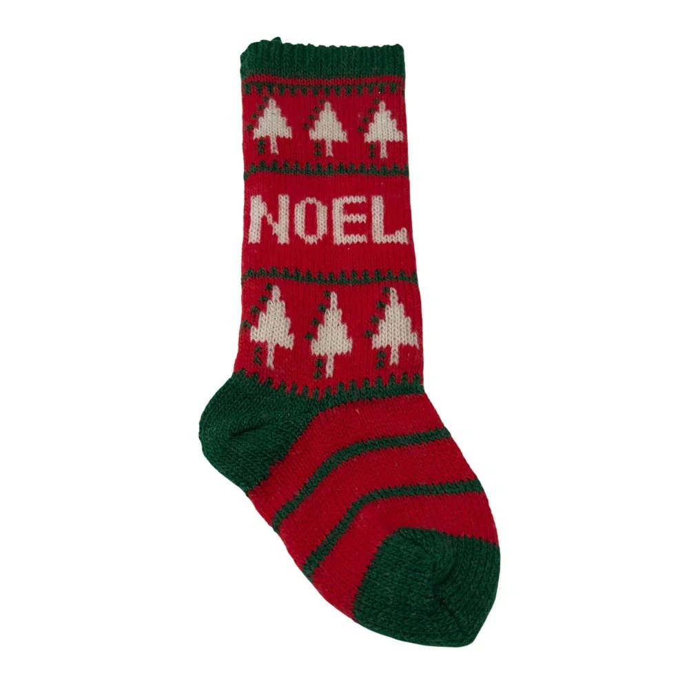Hand‎ Knit Christmas Stocking Red Green Noel Tree Design Holiday Decor Holiday